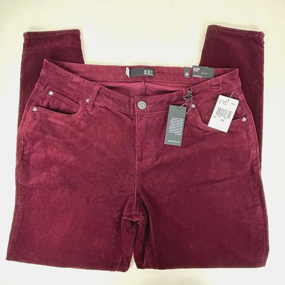 Kut From The Kloth Diana Skinny Corduroy Pants Women's 14W Currant Dark Red NWT